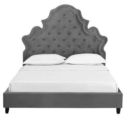 Valentina Queen Tufted Nailhead Performance Velvet Platform Bed, Queen Size, Velvet Fabric, Grey Gray, 15888