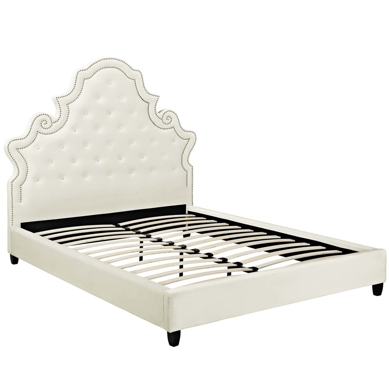 Valentina Queen Tufted Nailhead Performance Velvet Platform Bed, Queen Size, Velvet Fabric, Ivory White, 15889