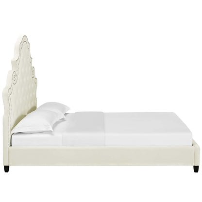 Valentina Queen Tufted Nailhead Performance Velvet Platform Bed, Queen Size, Velvet Fabric, Ivory White, 15889
