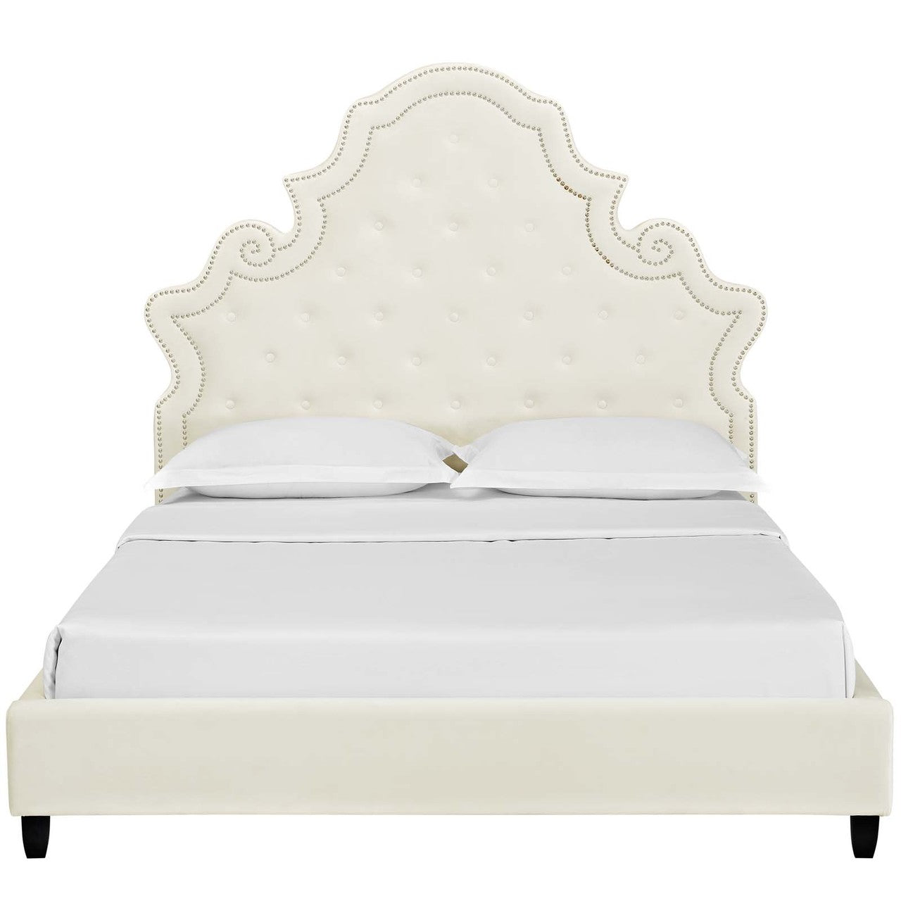 Valentina Queen Tufted Nailhead Performance Velvet Platform Bed, Queen Size, Velvet Fabric, Ivory White, 15889
