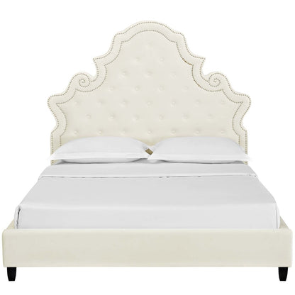 Valentina Queen Tufted Nailhead Performance Velvet Platform Bed, Queen Size, Velvet Fabric, Ivory White, 15889