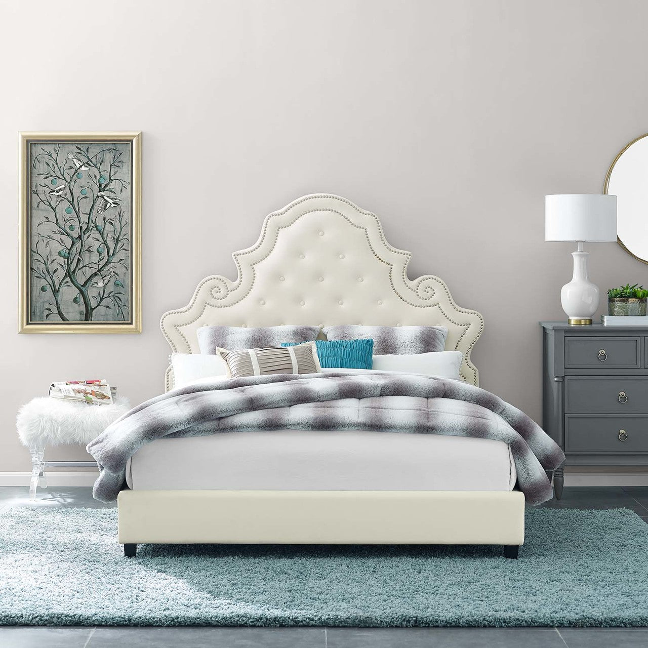 Valentina Queen Tufted Nailhead Performance Velvet Platform Bed, Queen Size, Velvet Fabric, Ivory White, 15889