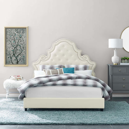 Valentina Queen Tufted Nailhead Performance Velvet Platform Bed, Queen Size, Velvet Fabric, Ivory White, 15889