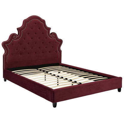 Valentina Queen Tufted Nailhead Performance Velvet Platform Bed, Queen Size, Velvet Fabric, Red, 15890