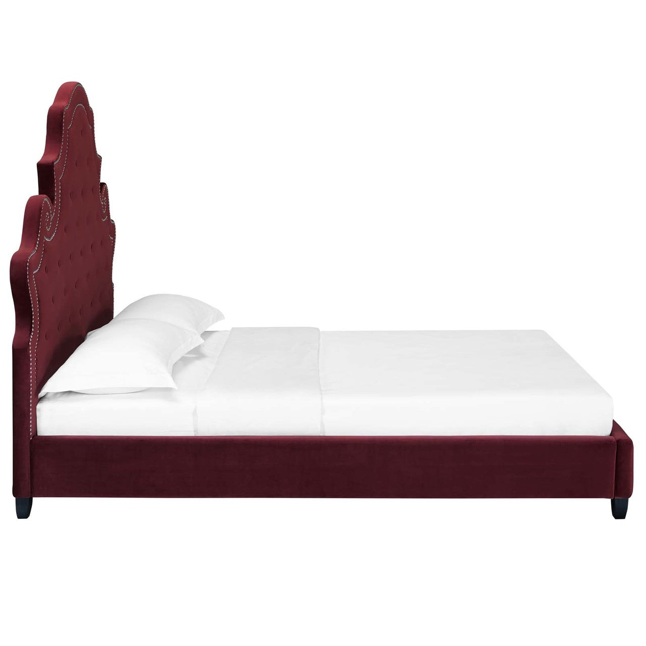 Valentina Queen Tufted Nailhead Performance Velvet Platform Bed, Queen Size, Velvet Fabric, Red, 15890