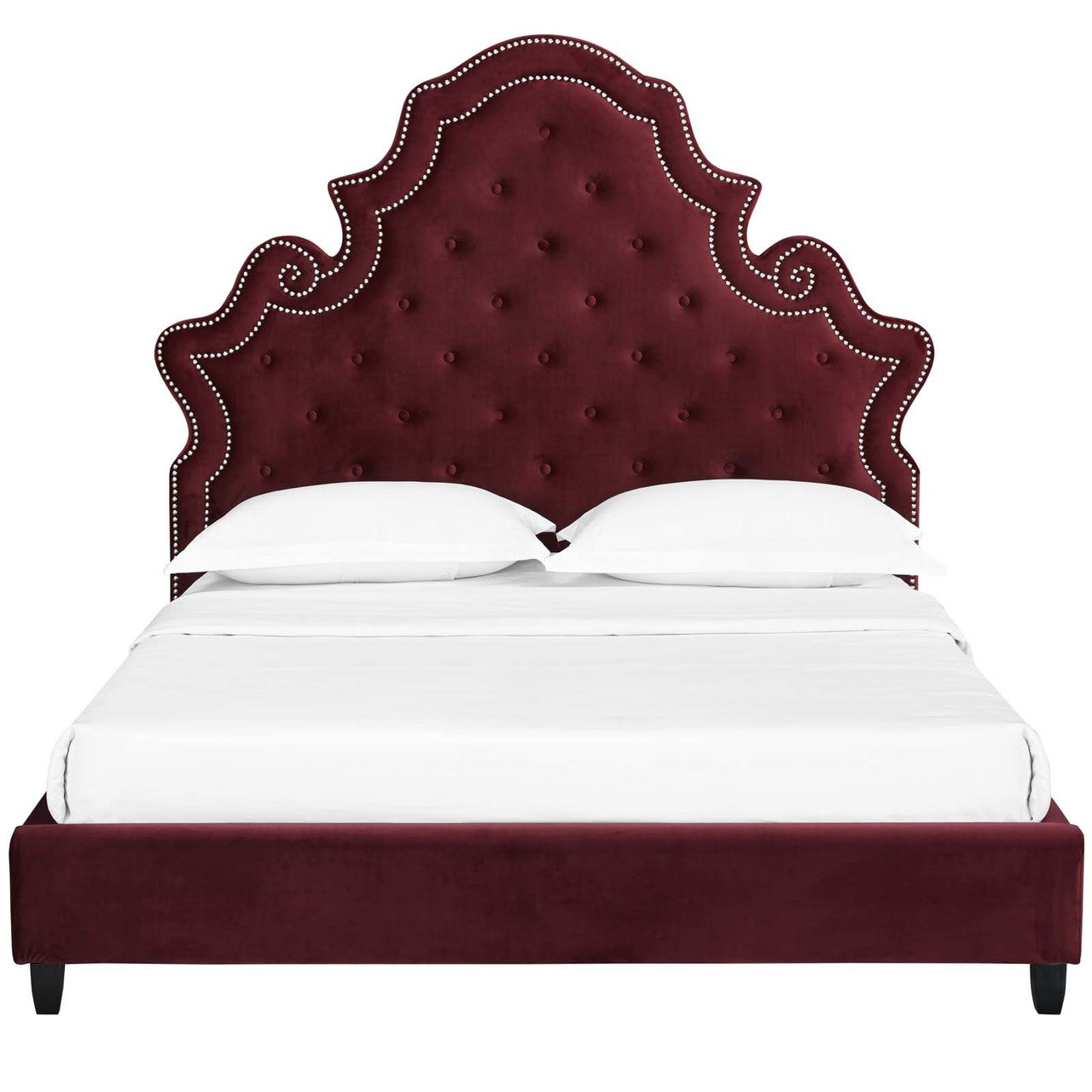 Valentina Queen Tufted Nailhead Performance Velvet Platform Bed, Queen Size, Velvet Fabric, Red, 15890