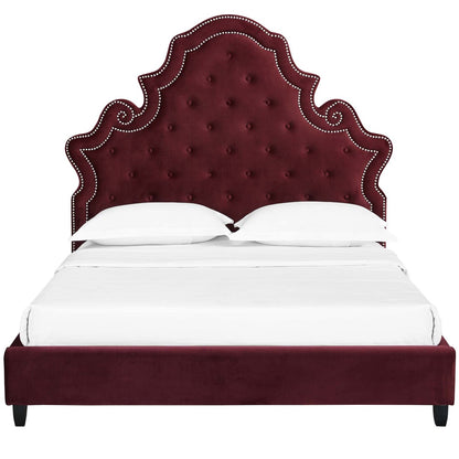 Valentina Queen Tufted Nailhead Performance Velvet Platform Bed, Queen Size, Velvet Fabric, Red, 15890