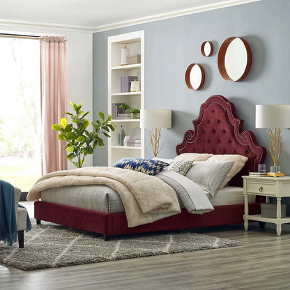Valentina Queen Tufted Nailhead Performance Velvet Platform Bed, Queen Size, Velvet Fabric, Red, 15890