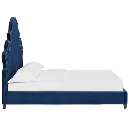 Valentina Queen Tufted Nailhead Performance Velvet Platform Bed, Queen Size, Velvet Fabric, Navy Blue, 15891