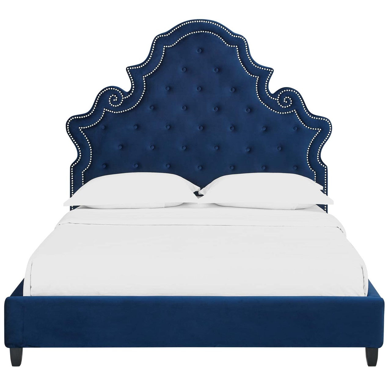 Valentina Queen Tufted Nailhead Performance Velvet Platform Bed, Queen Size, Velvet Fabric, Navy Blue, 15891