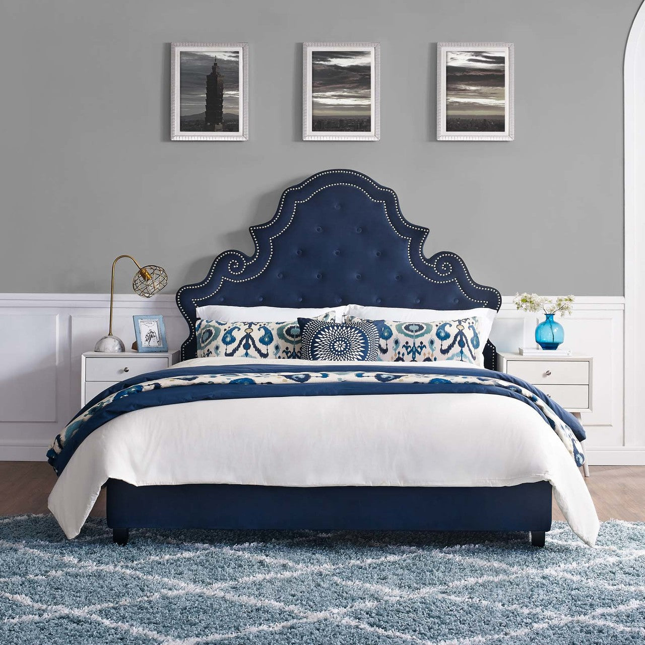 Valentina Queen Tufted Nailhead Performance Velvet Platform Bed, Queen Size, Velvet Fabric, Navy Blue, 15891