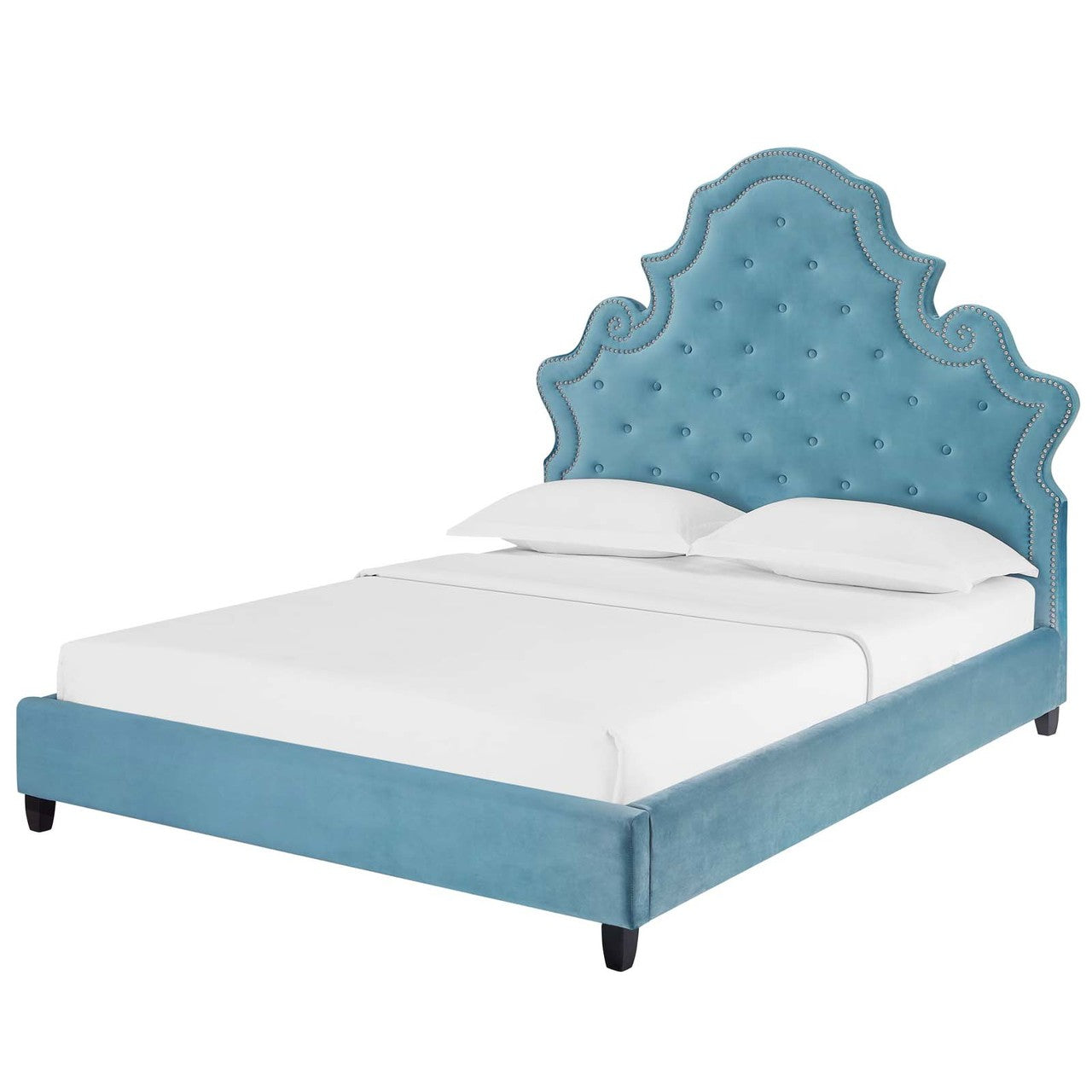 Valentina Queen Tufted Nailhead Performance Velvet Platform Bed, Queen Size, Velvet Fabric, Blue, 15892