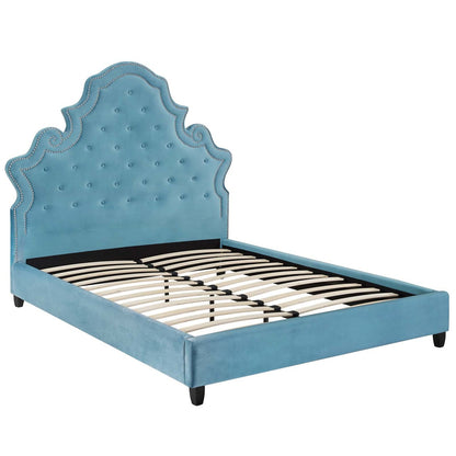 Valentina Queen Tufted Nailhead Performance Velvet Platform Bed, Queen Size, Velvet Fabric, Blue, 15892