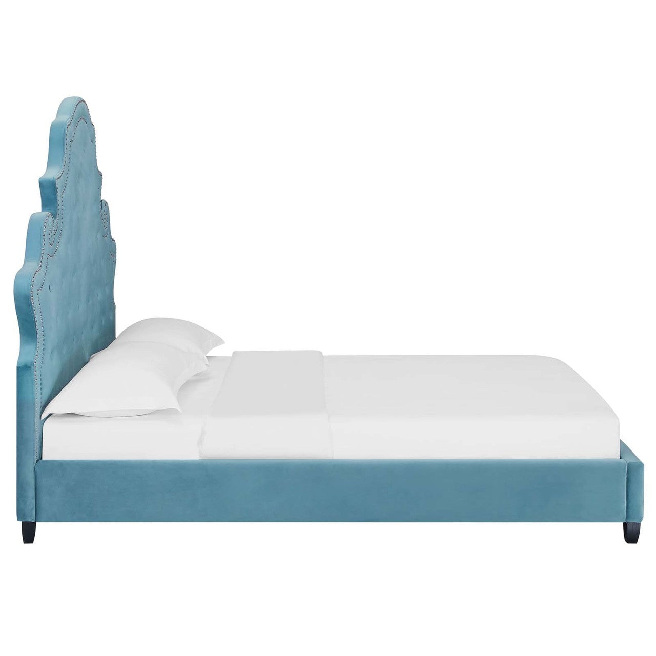 Valentina Queen Tufted Nailhead Performance Velvet Platform Bed, Queen Size, Velvet Fabric, Blue, 15892