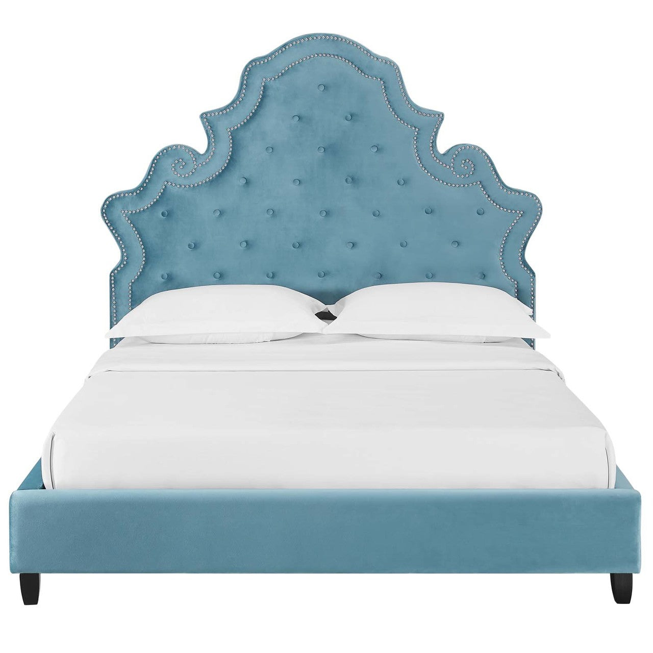 Valentina Queen Tufted Nailhead Performance Velvet Platform Bed, Queen Size, Velvet Fabric, Blue, 15892