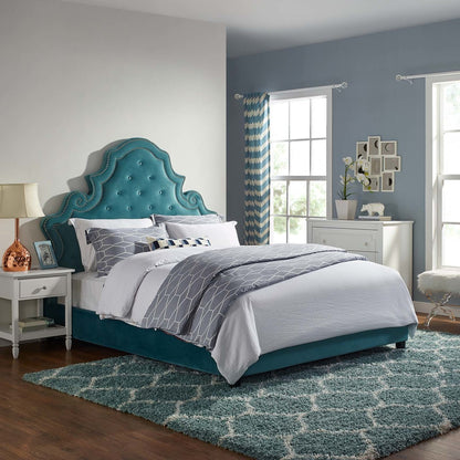 Valentina Queen Tufted Nailhead Performance Velvet Platform Bed, Queen Size, Velvet Fabric, Blue, 15892