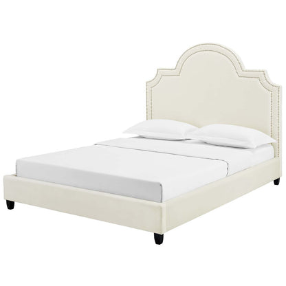 Primrose Queen Performance Velvet Platform Bed, Queen Size, Velvet Fabric, Ivory White, 15894
