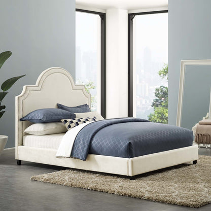 Primrose Queen Performance Velvet Platform Bed, Queen Size, Velvet Fabric, Ivory White, 15894