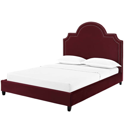 Primrose Queen Performance Velvet Platform Bed, Queen Size, Velvet Fabric, Red, 15895