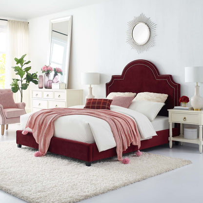 Primrose Queen Performance Velvet Platform Bed, Queen Size, Velvet Fabric, Red, 15895