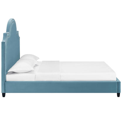 Primrose Queen Performance Velvet Platform Bed, Queen Size, Velvet Fabric, Blue, 15897