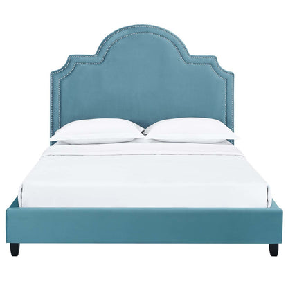 Primrose Queen Performance Velvet Platform Bed, Queen Size, Velvet Fabric, Blue, 15897