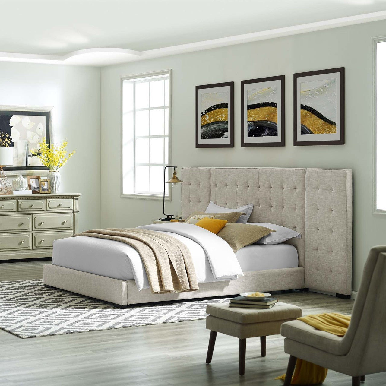 Primrose Queen Upholstered Fabric Platform Bed, Queen Size, Fabric, Beige, 15899