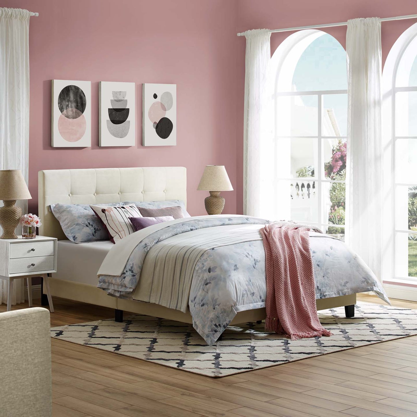 Melanie Full Tufted Button Upholstered Performance Velvet Platform Bed, Velvet Fabric, Ivory White, 17621