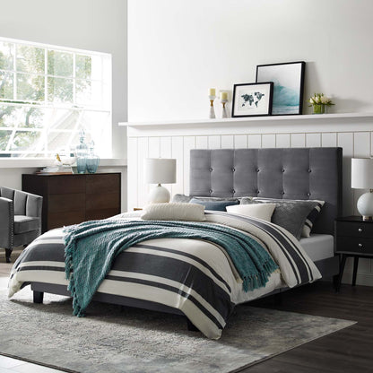 Melanie Queen Tufted Button Upholstered Performance Velvet Platform Bed, Velvet Fabric, Grey Gray, 17624
