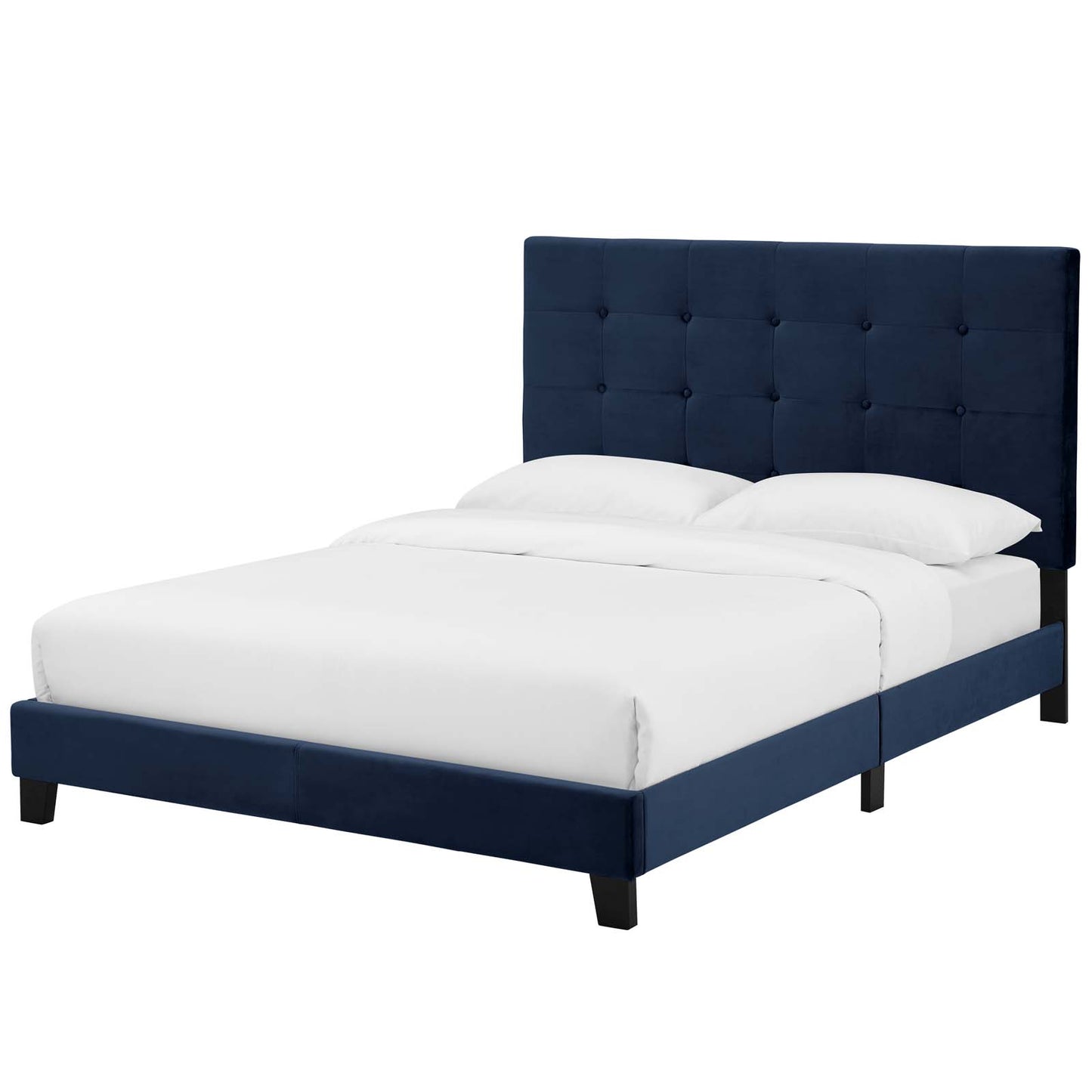Melanie Queen Tufted Button Upholstered Performance Velvet Platform Bed, Velvet Fabric, Navy Blue, 17626