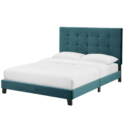 Melanie Queen Tufted Button Upholstered Performance Velvet Platform Bed, Velvet Fabric, Blue, 17627