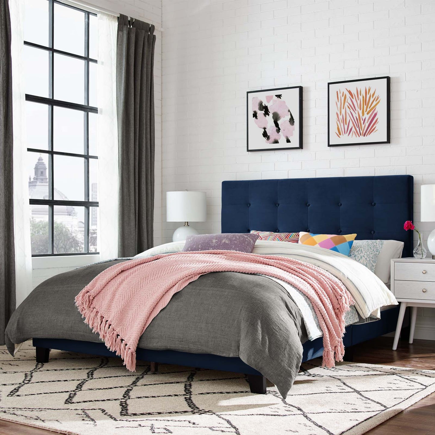 Melanie King Tufted Button Upholstered Performance Velvet Platform Bed, Velvet Fabric, Navy Blue, 17630