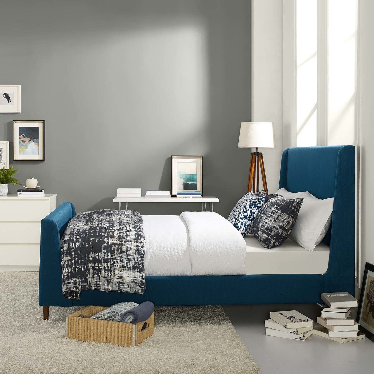 Aubree Queen Upholstered Fabric Sleigh Platform Bed, Queen Size, Fabric, Navy Blue, 15902