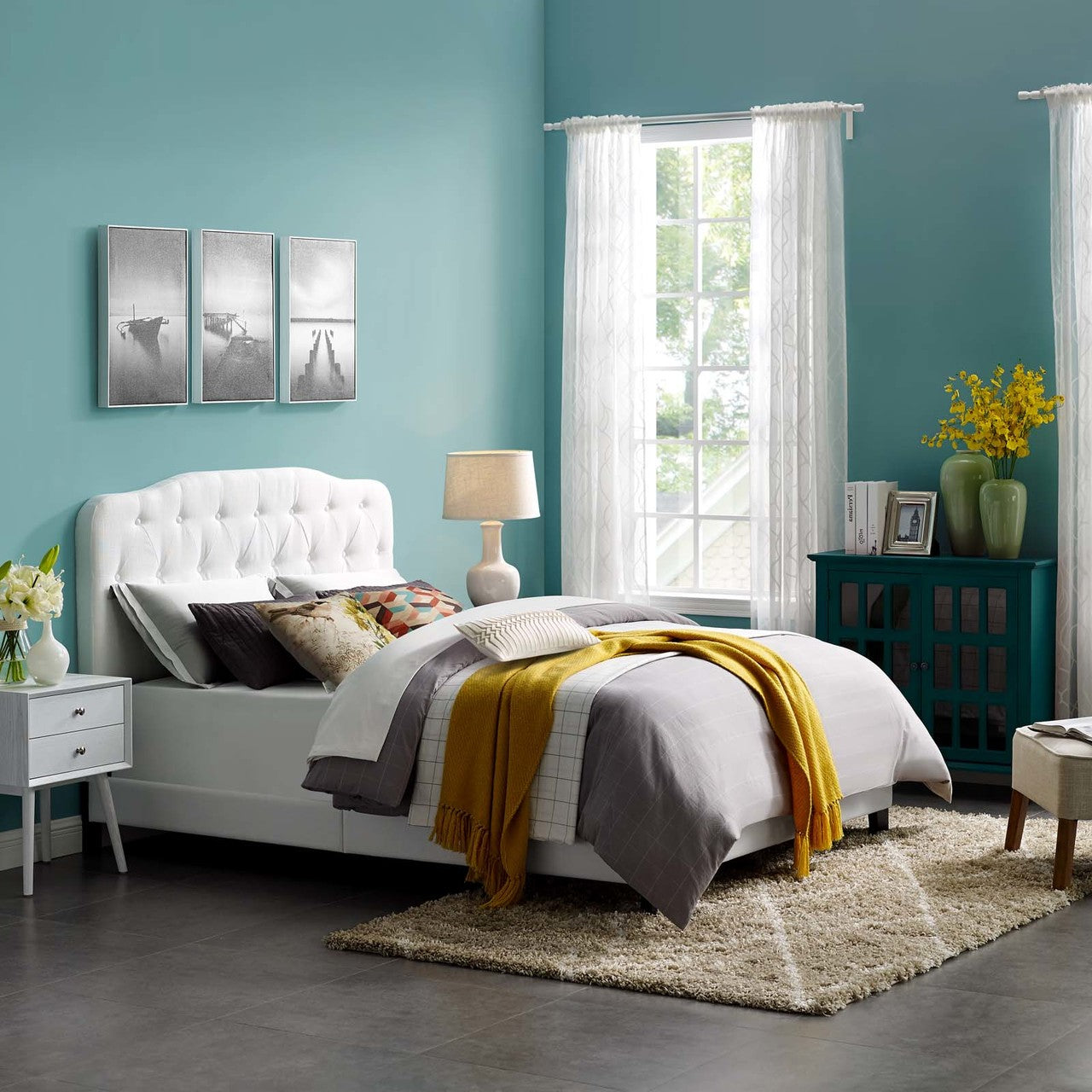 Amelia Queen Upholstered Fabric Bed, Queen Size, Fabric, White, 15257