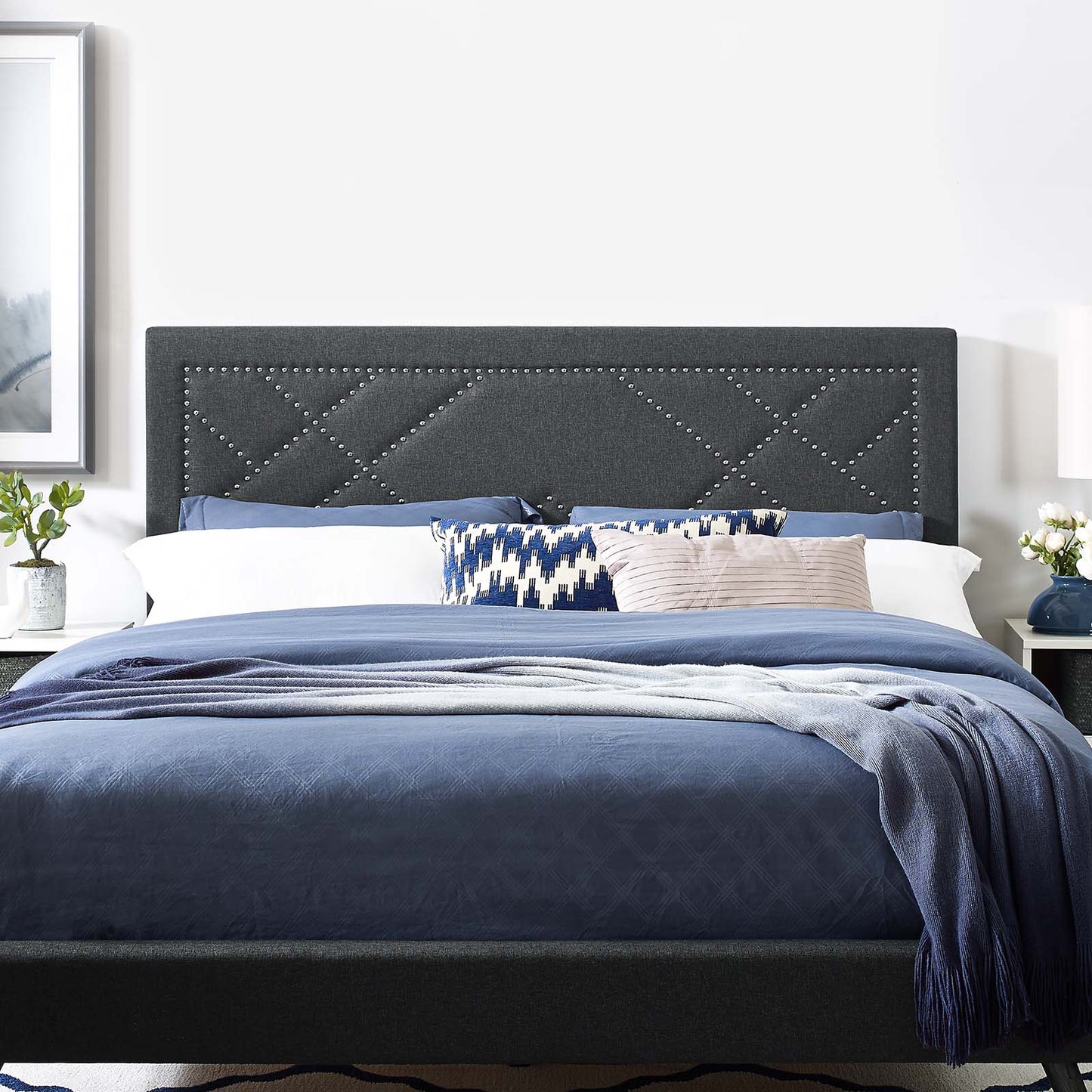 Reese Nailhead Full / Queen Upholstered Linen Fabric Headboard, Fabric, Grey Gray, 17638