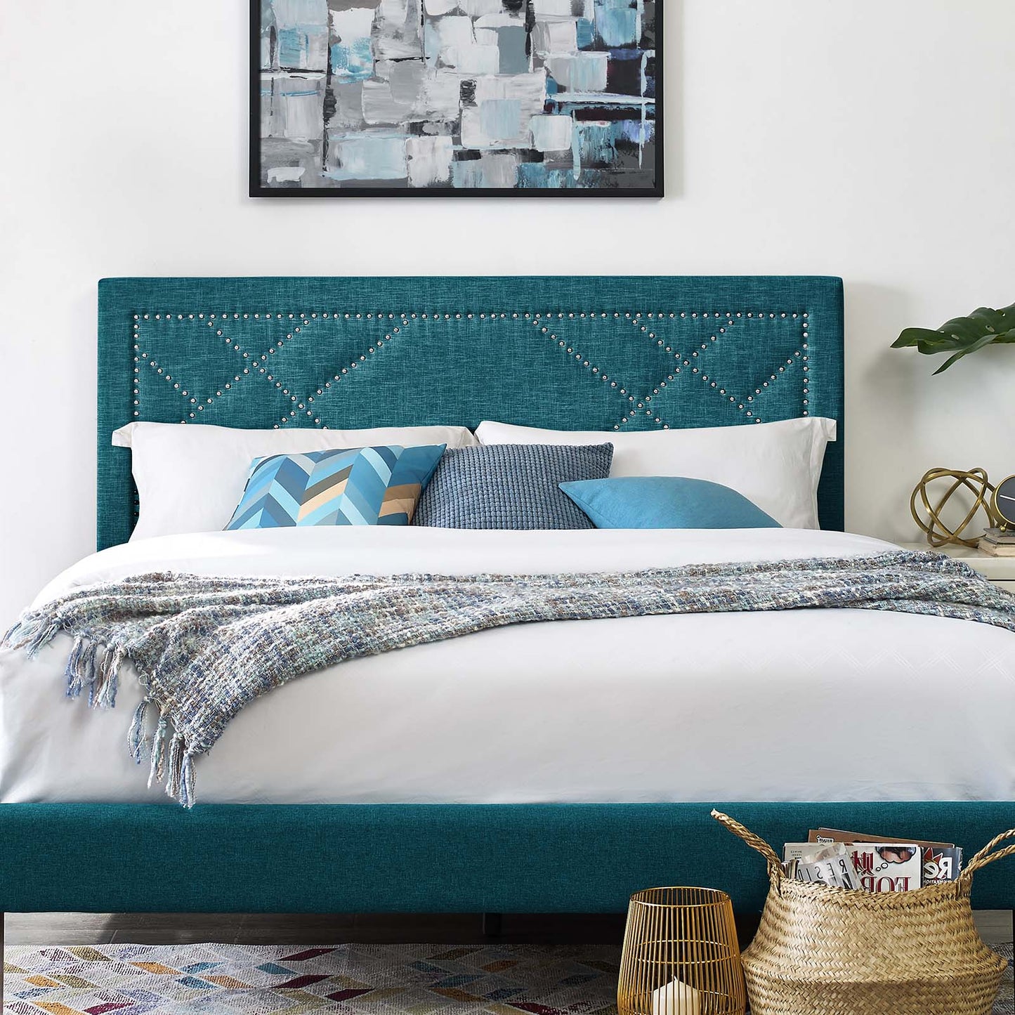 Reese Nailhead Full / Queen Upholstered Linen Fabric Headboard, Fabric, Aqua Blue, 17639