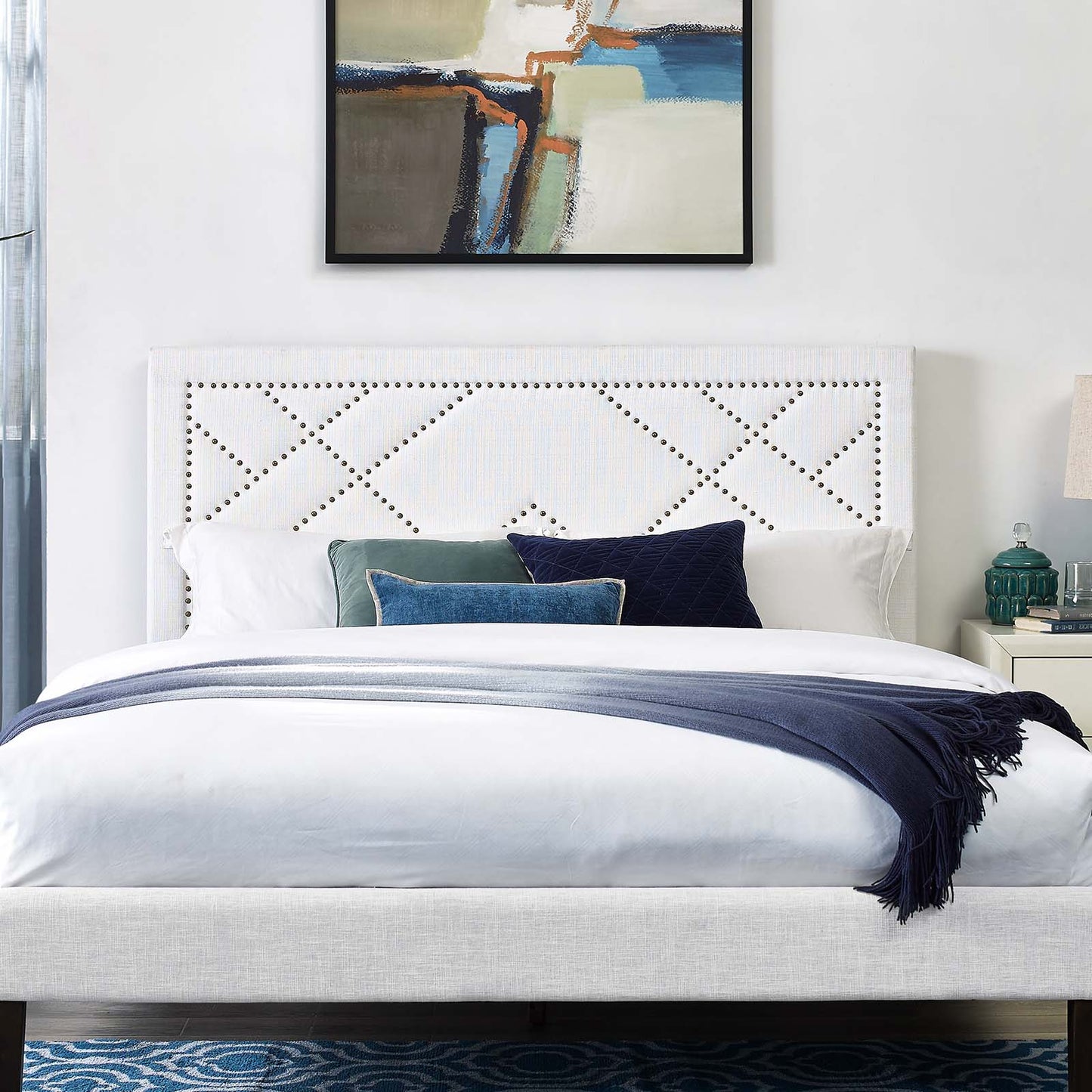 Reese Nailhead Full / Queen Upholstered Linen Fabric Headboard, Fabric, White, 17640