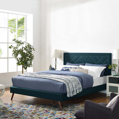 Reese Nailhead King and California King Upholstered Linen Fabric Headboard, Fabric, Navy Blue, 17641