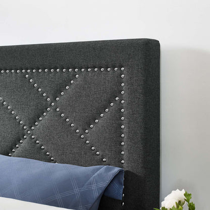 Reese Nailhead King and California King Upholstered Linen Fabric Headboard, Fabric, Grey Gray, 17643