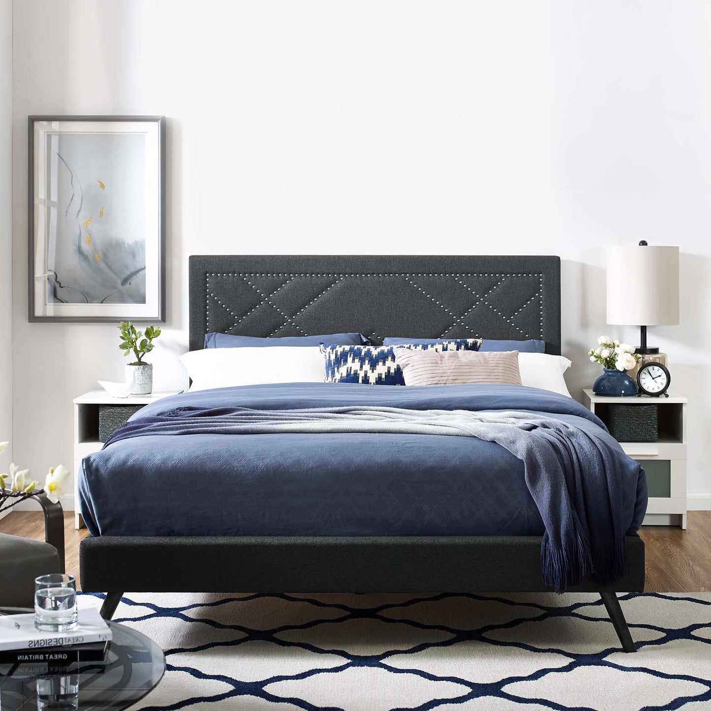 Reese Nailhead King and California King Upholstered Linen Fabric Headboard, Fabric, Grey Gray, 17643