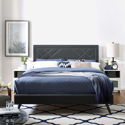 Reese Nailhead King and California King Upholstered Linen Fabric Headboard, Fabric, Grey Gray, 17643