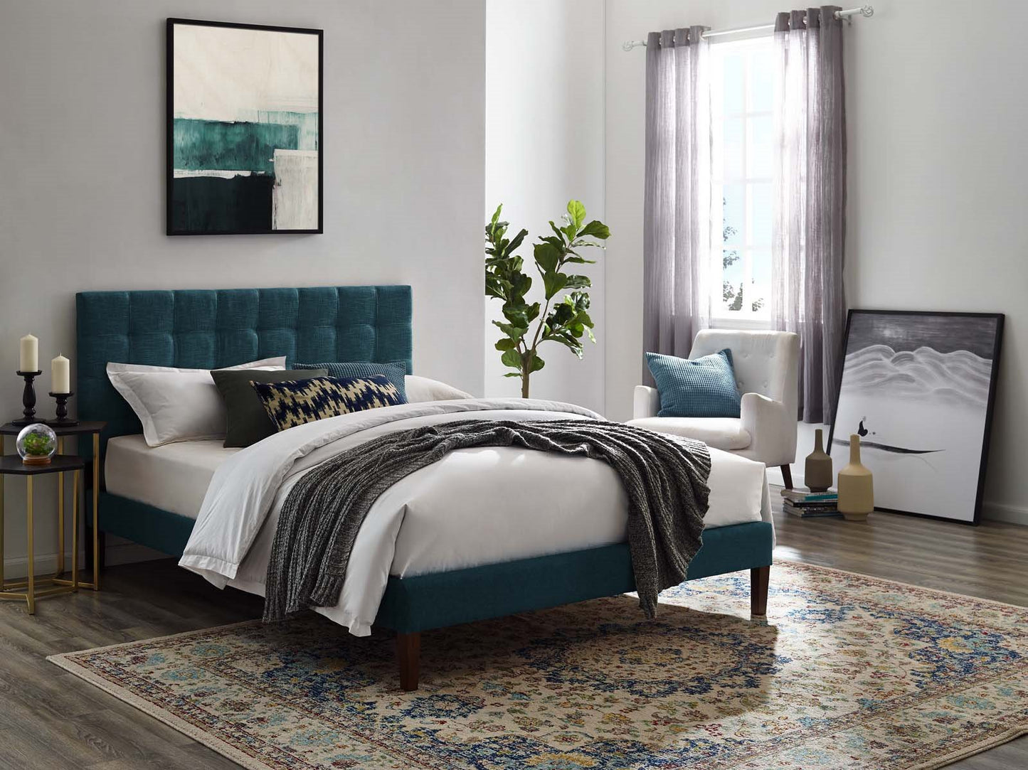 Paisley Tufted Twin Upholstered Linen Fabric Headboard, Fabric, Navy Blue, 17646