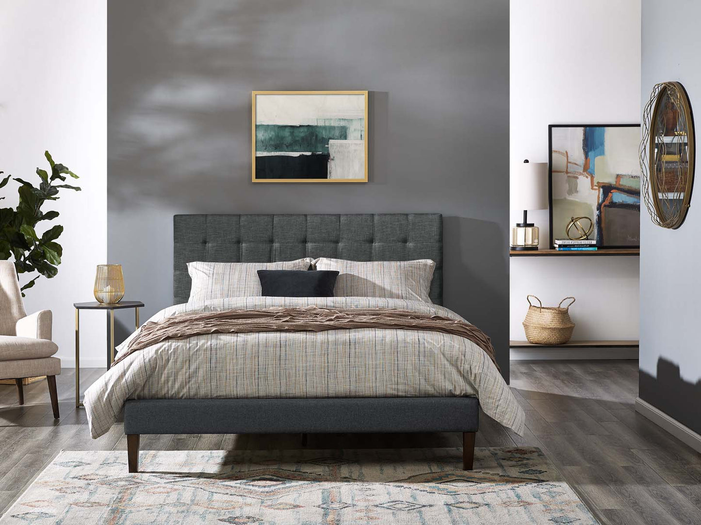 Paisley Tufted Twin Upholstered Linen Fabric Headboard, Fabric, Grey Gray, 17648