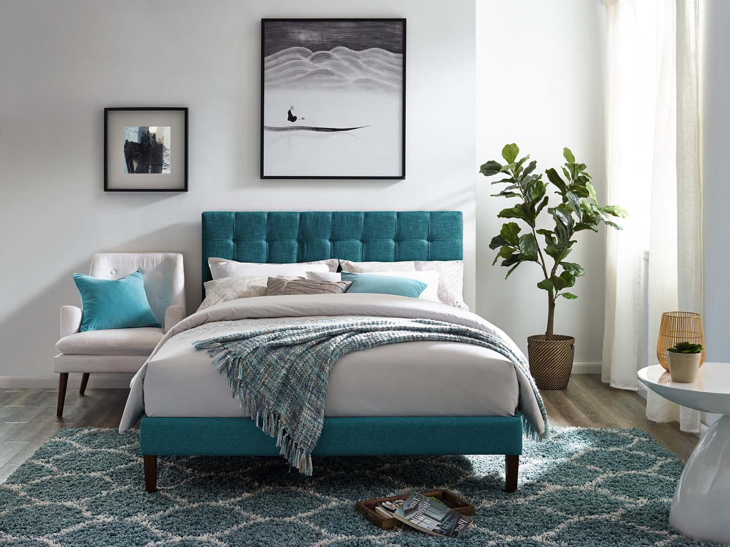 Paisley Tufted Twin Upholstered Linen Fabric Headboard, Fabric, Aqua Blue, 17649