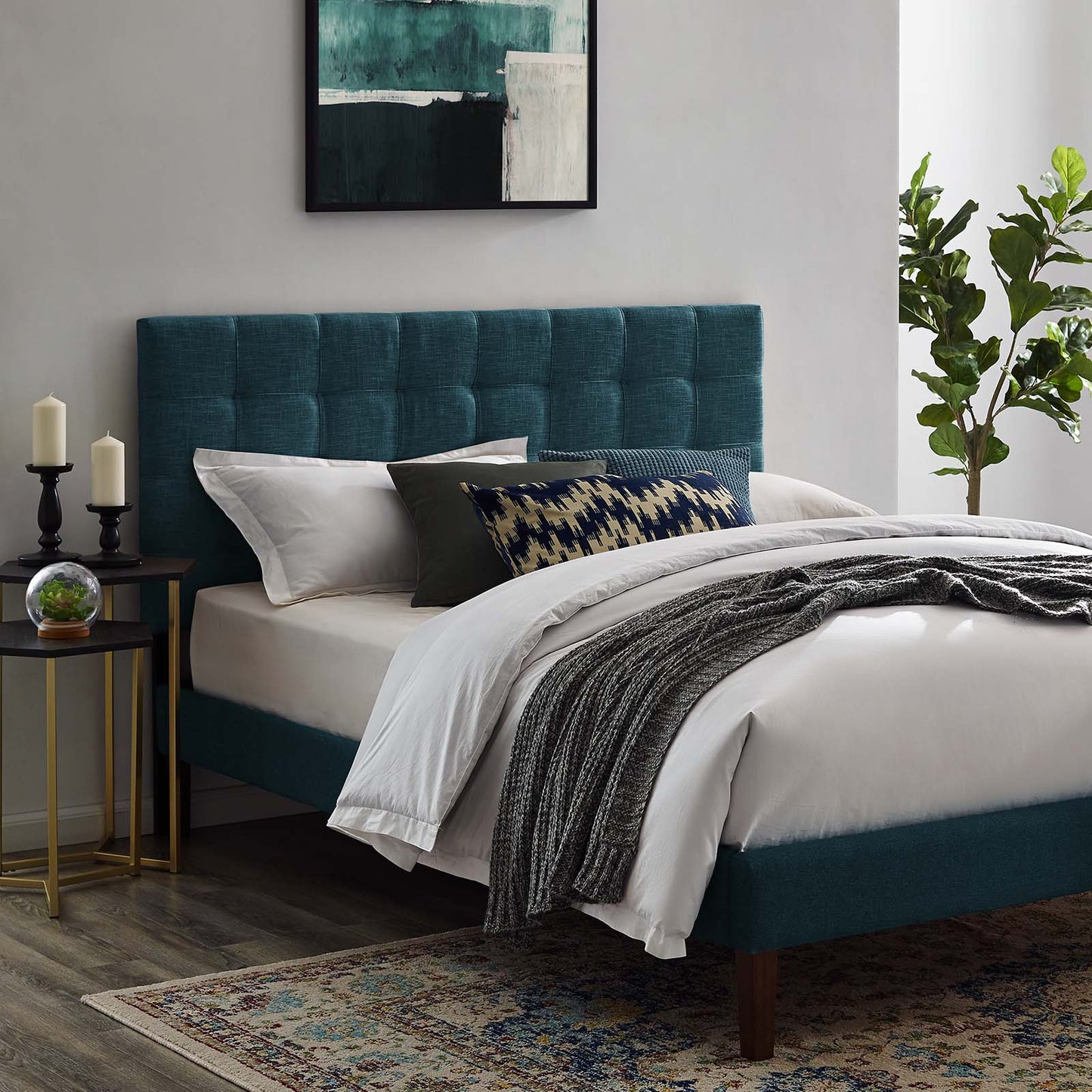 Paisley Tufted Full / Queen Upholstered Linen Fabric Headboard, Fabric, Navy Blue, 17659