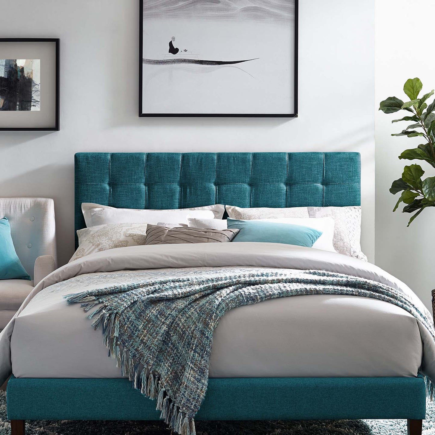 Paisley Tufted Full / Queen Upholstered Linen Fabric Headboard, Fabric, Aqua Blue, 17662