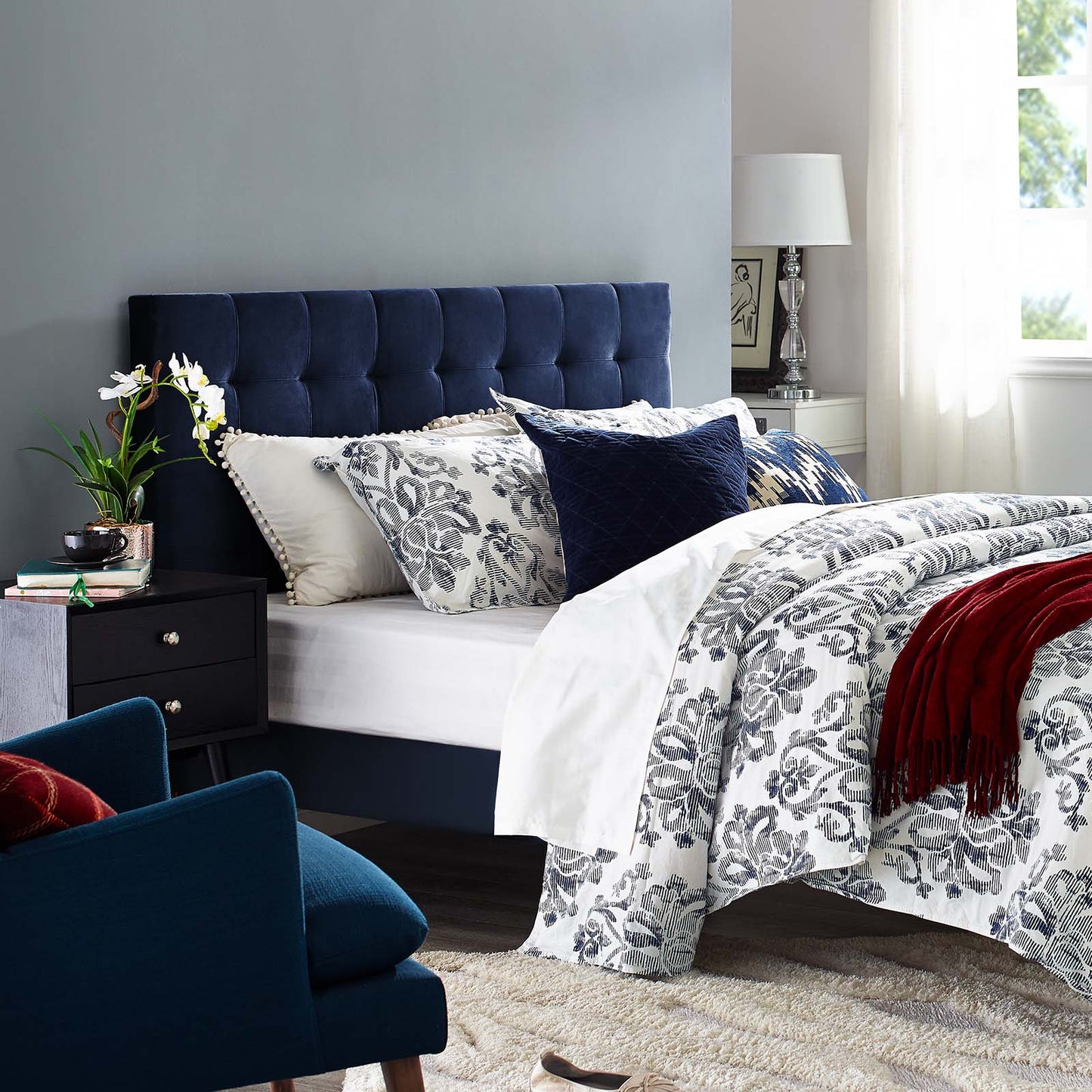 Paisley Tufted Full / Queen Upholstered Performance Velvet Headboard, Velvet Fabric, Navy Blue, 17666
