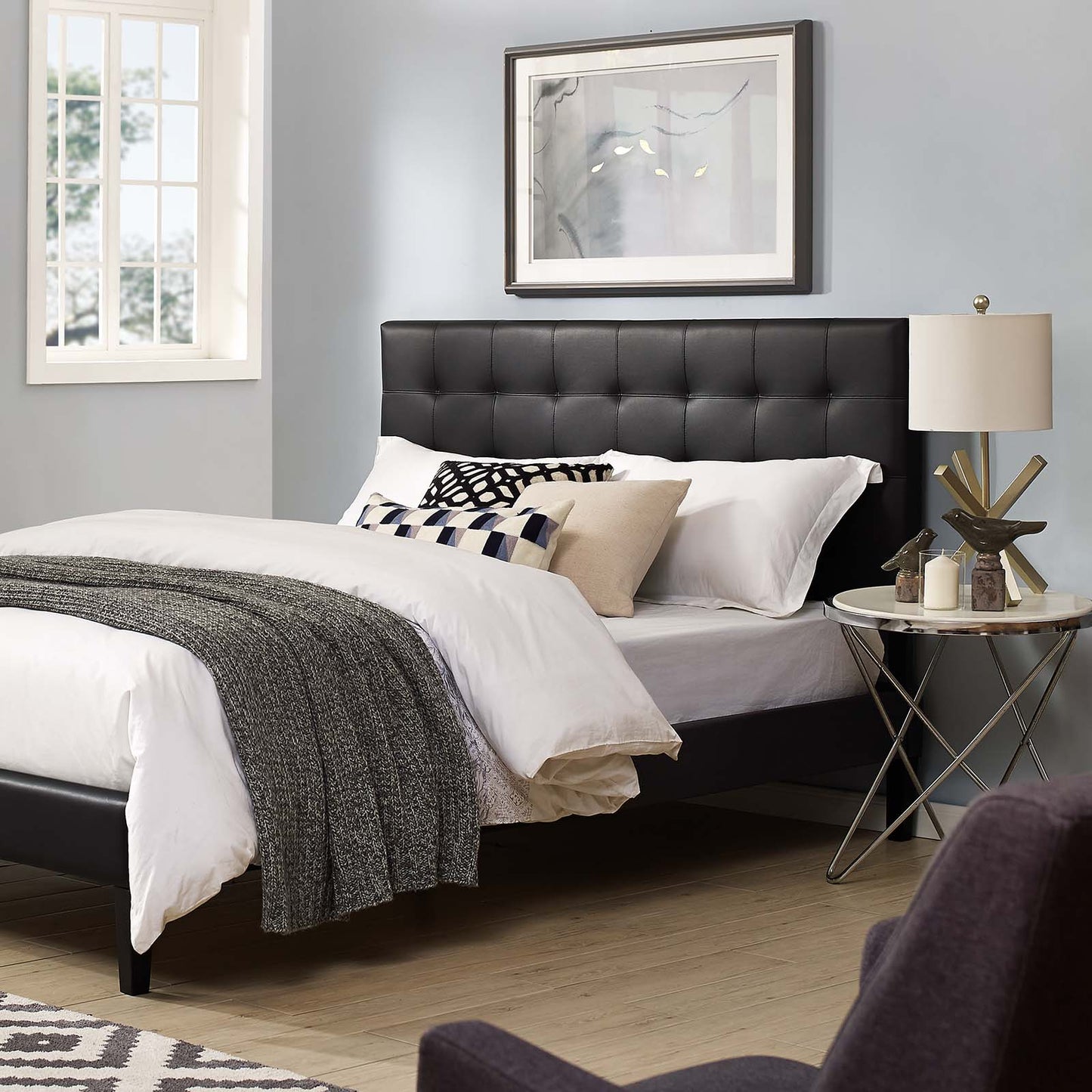 Paisley Tufted Full / Queen Upholstered Faux Leather Headboard, Faux Vinyl Leather, Black, 17668