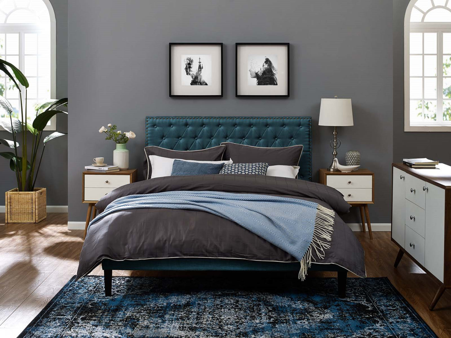 Helena Tufted Twin Upholstered Linen Fabric Headboard, Fabric, Navy Blue, 17679