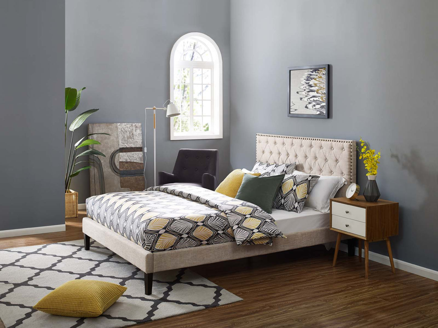 Helena Tufted Twin Upholstered Linen Fabric Headboard, Fabric, Beige, 17680